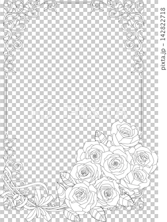 背景素材＜花・薔薇花束アンティークフレーム・モノクロ・線画＞ 142822718