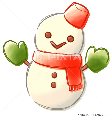 クリスマス　マフラーを巻く雪だるまのおしゃれな版ズレ水彩風イラスト 142822980