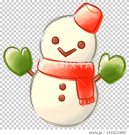 クリスマス　マフラーを巻く雪だるまのおしゃれな版ズレ水彩風イラスト 142822980