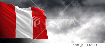 Peru Flag Waving Against Dark Cloudy Sky Peru Flag Waving Against Dark Cloudy Sky 142823116