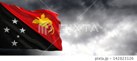 Papua New Guinea Flag Waving Against Dark Cloudy Sky Papua New Guinea Flag Waving Against Dark Cloudy Sky 142823126