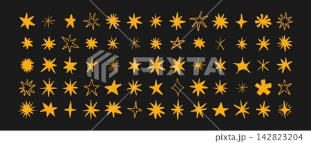 Crayon star icon set. Children draw twinkling stars and starfish. Pens asterisk illustration. Vector design 142823204