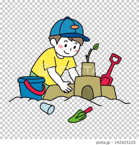 An illustration of a boy playing in a sandbox. 142823228