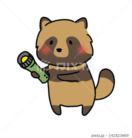 懐中電灯の明かりが付くかチェックしているタヌキ 懐中電灯の明かりが付くかチェックしているタヌキ 142823669