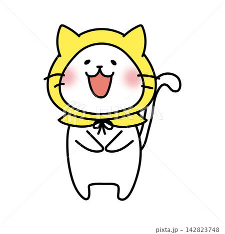 防災頭巾をかぶっている白い猫 防災頭巾をかぶっている白い猫 142823748