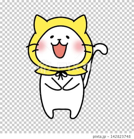 防災頭巾をかぶっている白い猫 防災頭巾をかぶっている白い猫 142823748