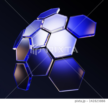 Neon circle protect shield with glass hexagon pattern in blue and gold gradient. Futuristic 3D honeycomb structure, round cover dome, crystal hologram barrier with transparency effect. 3D illustration Neon circle protect shield with glass hexagon pattern in blue and gold gradient. Futuristic 3D honeycomb structure, round cover dome, crystal hologram barrier with transparency effect. 3D illustration 142823866
