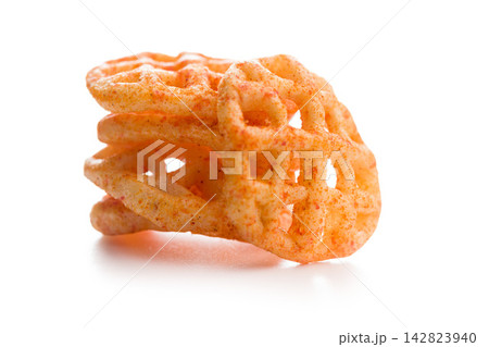 Close-Up Of Seasoned Waffle-Style Potato Chips Crispy Savory Snack On White Background 142823940