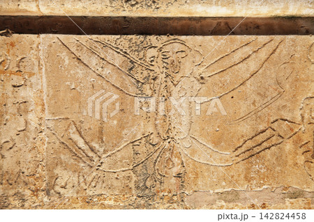 Unique historical carvings on the wall of Batalha monastery in Portugal 142824458