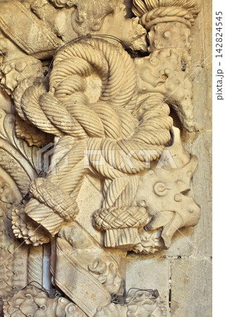 Intricate Stone Relief Featuring Rope and Lion at Convento de Cristo in Portugal 142824545