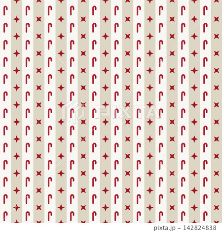 Red Candy Cane and Star Christmas Geometric Seamless Pattern on Neutral Striped Background Red Candy Cane and Star Christmas Geometric Seamless Pattern on Neutral Striped Background 142824838
