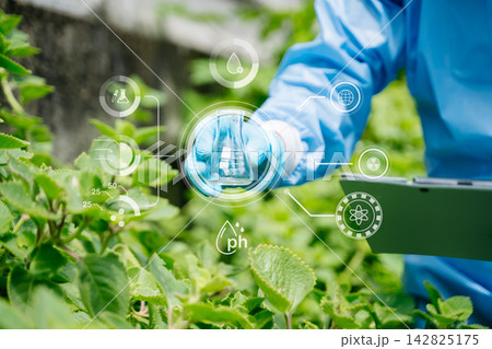 Agronomist in a protective suit testing soil samples. Smart farming HUD interface analyzing crop data, biotechnology Agronomist in a protective suit testing soil samples. Smart farming HUD interface analyzing crop data, biotechnology 142825175
