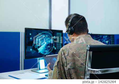 Veteran military officer in camouflage uniform uses a headset and multi-monitor setup to monitor tactical cybersecurity data Veteran military officer in camouflage uniform uses a headset and multi-monitor setup to monitor tactical cybersecurity data 142825264