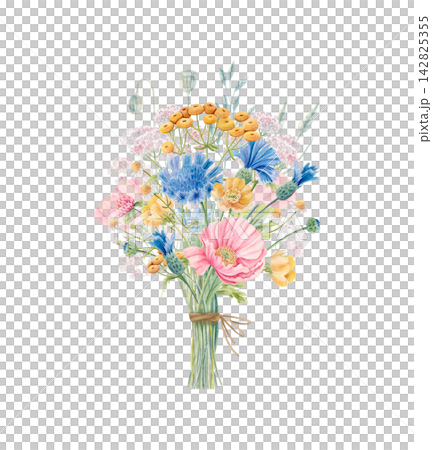 Hand drawn watercolor bouquet of pink poppy flowers, blue cornflowers, buttercups, chamomile, tansy and yarrow tied with twine. Isolated meadow wildflower composition for floral and stationery design. Hand drawn watercolor bouquet of pink poppy flowers, blue cornflowers, buttercups, chamomile, tansy and yarrow tied with twine. Isolated meadow wildflower composition for floral and stationery design. 142825355