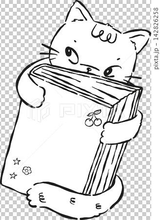 Cat Bookish Outline Hugging a Book Hand drawn Illustration 142826258