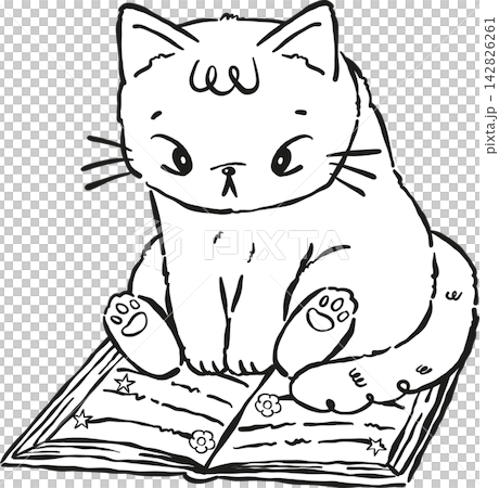 Cat Bookish Outline Reading Book Hand drawn Illustration Cat Bookish Outline Reading Book Hand drawn Illustration 142826261