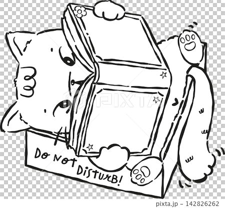 Cat Bookish Outline Reading Book in Box Hand drawn Illustration, Do not distrub Cat Bookish Outline Reading Book in Box Hand drawn Illustration, Do not distrub 142826262