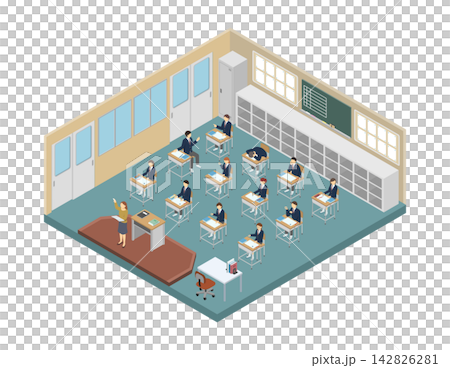 Isometric illustration: Classroom during lesson (high school students in winter uniforms) Isometric illustration: Classroom during lesson (high school students in winter uniforms) 142826281