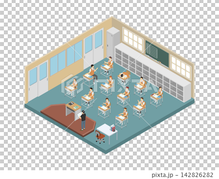 Isometric illustration: Classroom during lesson (high school students in summer uniforms) Isometric illustration: Classroom during lesson (high school students in summer uniforms) 142826282
