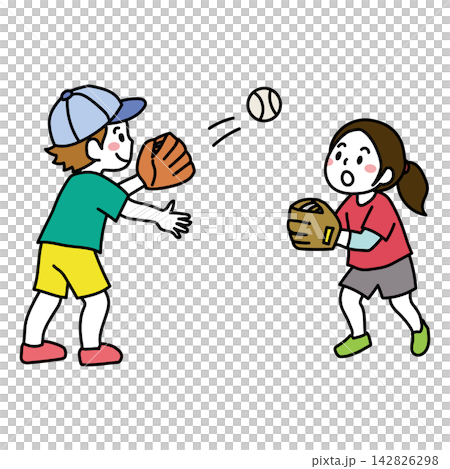 一個男孩和女孩戴著棒球手套玩接球遊戲的插圖。 一個男孩和女孩戴著棒球手套玩接球遊戲的插圖。 142826298