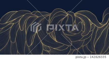 Luxury Art Deco floral pattern with elegant golden line leaves, flowers, palm and tropical botanical elements on dark background. Abstract japanese wallpaper, packaging design, poster, spa branding 142826335