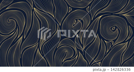 Luxury Art Deco floral pattern with elegant golden line leaves, flowers, palm and tropical botanical elements on dark background. Abstract japanese wallpaper, packaging design, poster, spa branding Luxury Art Deco floral pattern with elegant golden line leaves, flowers, palm and tropical botanical elements on dark background. Abstract japanese wallpaper, packaging design, poster, spa branding 142826336