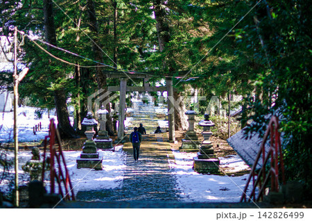 雪が残る冬の神社参道と鳥居 雪が残る冬の神社参道と鳥居 142826499