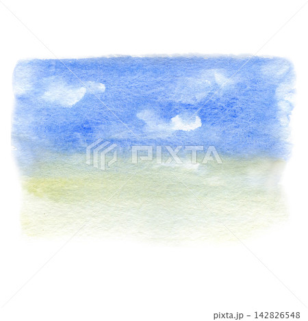 Watercolor bright blue sky with fluffy white clouds over a sandy horizon 142826548
