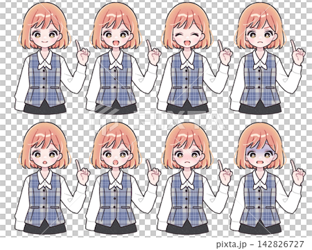A set of variations in facial expressions and poses for a woman in an office uniform (checkered vest). A set of variations in facial expressions and poses for a woman in an office uniform (checkered vest). 142826727