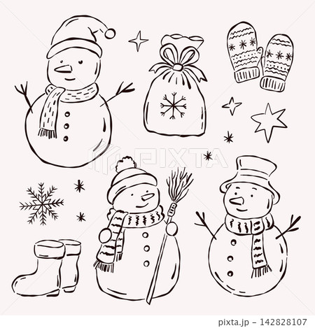 Cute Christmas Snowman and Winter Accessories Line Art Set Cute Christmas Snowman and Winter Accessories Line Art Set 142828107