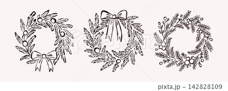 Christmas Fir Tree Wreath with Ribbon Bow and Berries Line Art Set 142828109