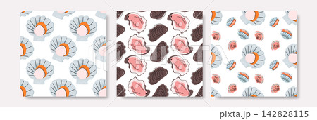 Oyster and Scallop Shell Seafood Seamless Pattern Set Oyster and Scallop Shell Seafood Seamless Pattern Set 142828115