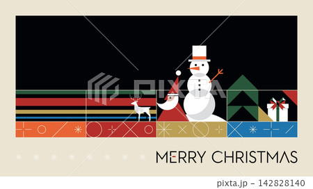 Merry Christmas greeting banner with minimalist geometric Santa Claus, snowman and elements modern retro style in black frame on beige background horizontal template have blank space. 142828140