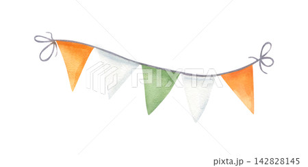 Watercolor garland with orange, white and green triangle flags tied on rope. Hand painted bunting decoration in Irish or Indian flag colors. Festive element for St. Patrick day or Republic Day party Watercolor garland with orange, white and green triangle flags tied on rope. Hand painted bunting decoration in Irish or Indian flag colors. Festive element for St. Patrick day or Republic Day party 142828145