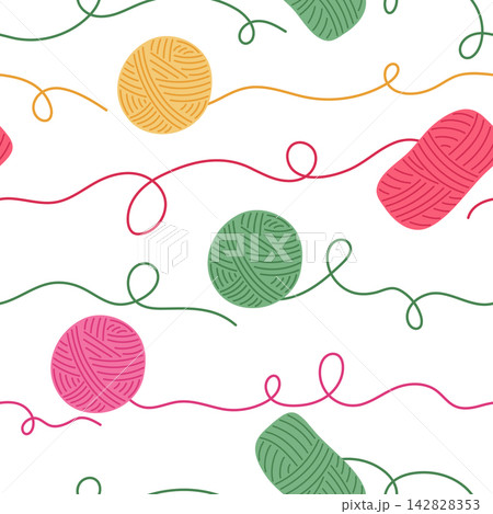 Yarn balls seamless pattern vector illustration. Colorful skeins and balls of wool yarn with wavy threads isolated on white background. Knitting and crochet craft supplies repeat tile design Yarn balls seamless pattern vector illustration. Colorful skeins and balls of wool yarn with wavy threads isolated on white background. Knitting and crochet craft supplies repeat tile design 142828353