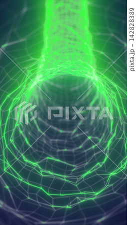 A glowing green polygonal mesh forms an abstract curved tunnel with layered rings and a bright opening against a dark blue background. 142828389