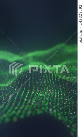 Green and pale gold particles form an undulating digital landscape with blurred foreground dots and open space above. Green and pale gold particles form an undulating digital landscape with blurred foreground dots and open space above. 142828392