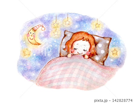 星空の下で眠る女の子の手描きイラスト 星空の下で眠る女の子の手描きイラスト 142828774