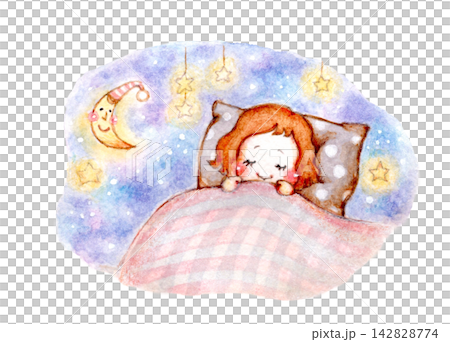 星空の下で眠る女の子の手描きイラスト 星空の下で眠る女の子の手描きイラスト 142828774