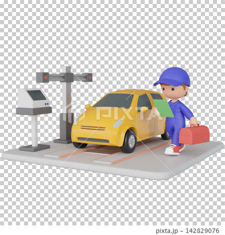 3D CG | A mechanic performing a vehicle inspection and a yellow car 3D CG | A mechanic performing a vehicle inspection and a yellow car 142829076