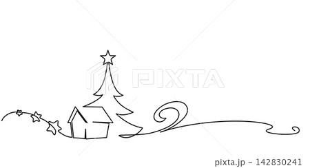 Christmas tree and cozy winter house. Vector holiday illustration Christmas tree and cozy winter house. Vector holiday illustration 142830241