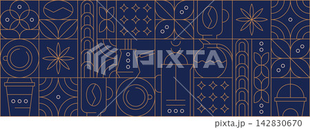 Abstract geometric coffee pattern with line art elements in minimalist style Abstract geometric coffee pattern with line art elements in minimalist style 142830670