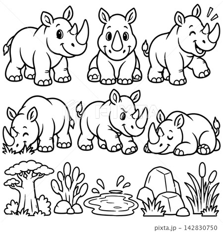 Black and white coloring book outline of happy rhinoceros set showing various cheerful emotional expressions like sleeping eating and standing outdoors Black and white coloring book outline of happy rhinoceros set showing various cheerful emotional expressions like sleeping eating and standing outdoors 142830750