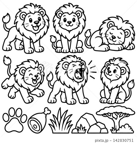 Cute baby lion cartoon coloring page set showing happy, sleeping, and roaring cub characters in safari theme, perfect for kids activity sheet Cute baby lion cartoon coloring page set showing happy, sleeping, and roaring cub characters in safari theme, perfect for kids activity sheet 142830751