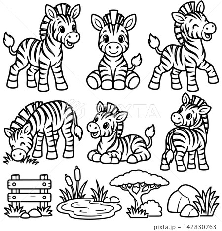 Cute happy zebra cartoon character coloring book outline page set featuring happy smiling wild animal foal standing sitting grazing safari theme Cute happy zebra cartoon character coloring book outline page set featuring happy smiling wild animal foal standing sitting grazing safari theme 142830763