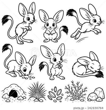 Cute jerboa cartoon character set illustration featuring happy little desert rodents in active poses, sleeping, eating seeds, jumping, and standing by burrow 142830764