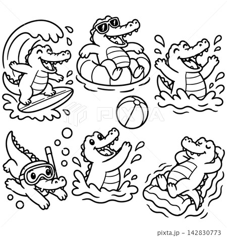 Happy crocodile coloring book page illustration features cute alligator character enjoying summer beach activities with happy emotional expression on white background Happy crocodile coloring book page illustration features cute alligator character enjoying summer beach activities with happy emotional expression on white background 142830773