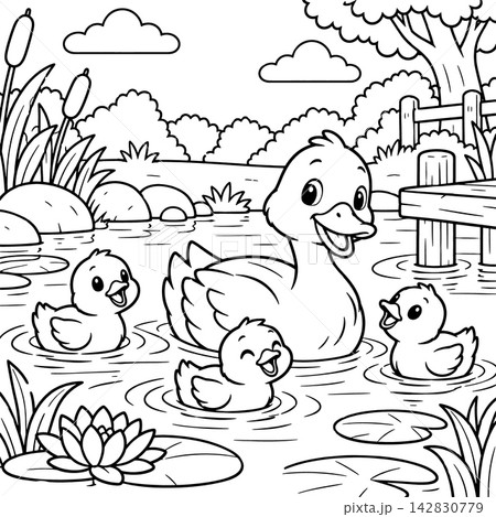 Happy duck swimming with cute baby duckling family in pond water lily pond scene outlined coloring page illustration representing joyful mother duck love and protection for children 142830779