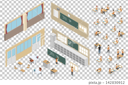 Isometric illustration: Student and classroom set (high school student in summer uniform) Isometric illustration: Student and classroom set (high school student in summer uniform) 142830912