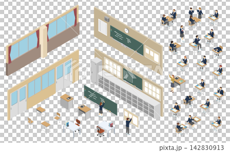 アイソメトリックイラスト:学生と教室セット (高校生 冬服) アイソメトリックイラスト:学生と教室セット (高校生 冬服) 142830913